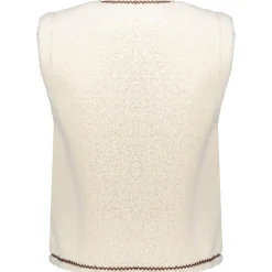 Geisha Teddy Embroidery vest dames off white tape dark brown zigzag