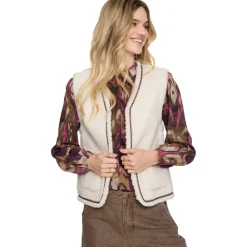 Geisha Teddy Embroidery vest dames off white tape dark brown zigzag