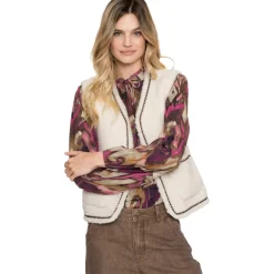 Geisha Teddy Embroidery vest dames off white tape dark brown zigzag